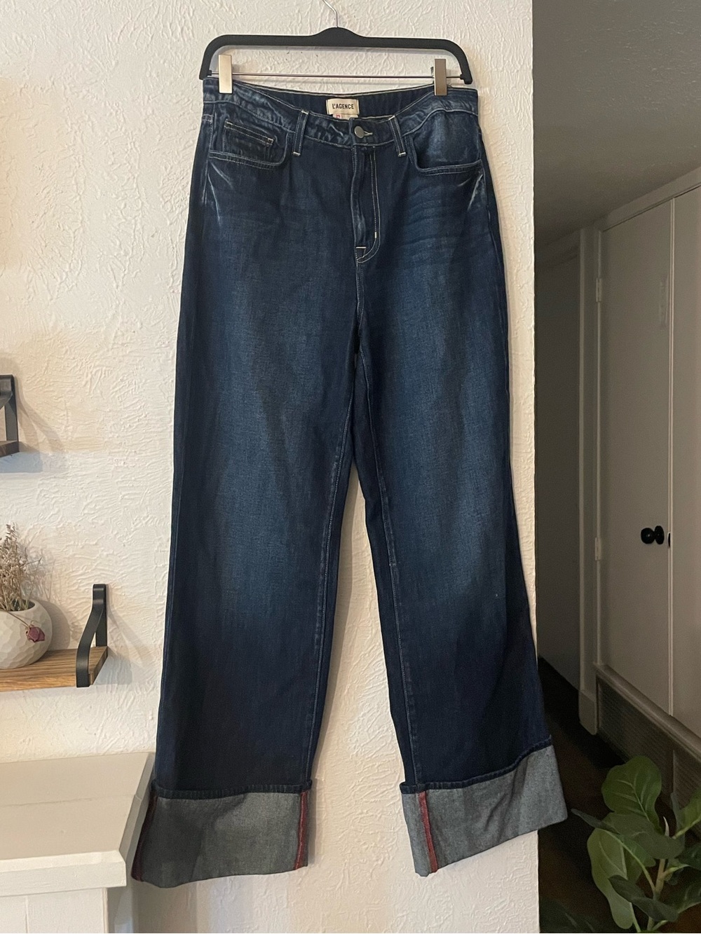 L'AGENCE Miley Ultra High Rise Haute Blue Wide-Leg Cuffed Jeans Size 29